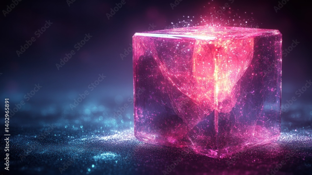 Poster abstract glowing cube with sparkling particles on dark background