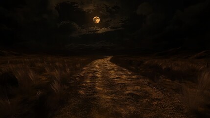 Fototapeta premium A moonlit path through a field under a cloudy night sky
