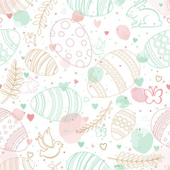 Easter eggs, rabbits, birds, butterflies and twigs on a white background with colored spots. Easter theme. Easter design elements and golden branches. Vector seamless pattern.