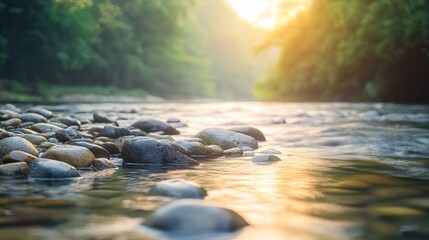 Tranquil river reflecting soft sunlight, a serene natural moment. Minimalism in nature's simplicity and calm.

