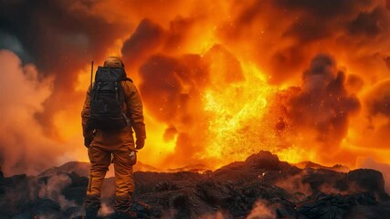 Video with a man in a protective suit against the backdrop of a volcanic eruption, surrounded by fire and lava, is suitable for scientific documentaries, advertising extreme adventures
