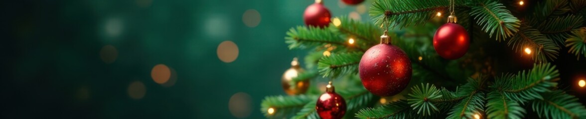 Evergreen Christmas tree with ornaments and lights , christmas, lights