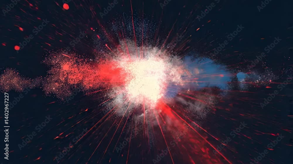 Poster fireworks exploding in a burst of red and blue dots on a dark backdrop. 4th july independence day co