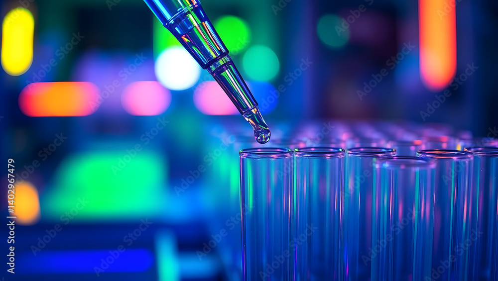 Poster close-up of pipette dispensing liquid into test tubes in a vibrant lab setting