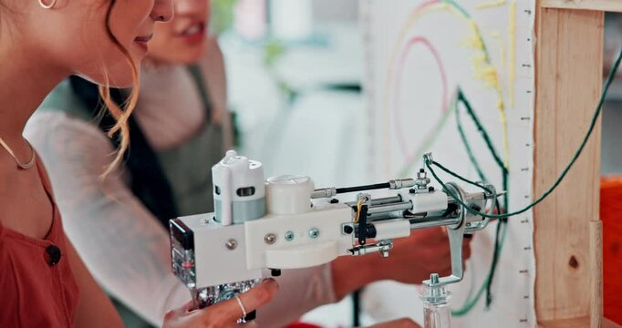 People, working and wool in tool in workshop, art class and preparation for tufting in studio. Women, student or instructor for teaching skill in fashion or artist in creative project on handmade rug