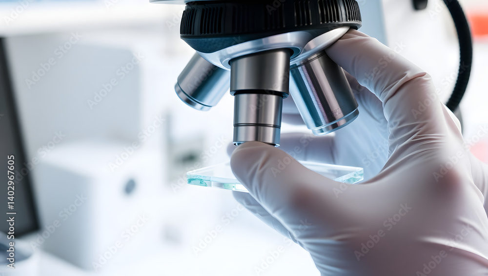 Poster close-up view of a laboratory microscope in use by a scientist's hand