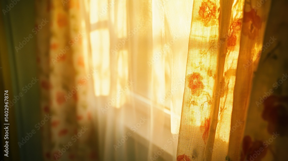 Poster sunlight illuminates the curtains with floral patterns by a window