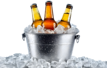 Ice Cold Refreshment: Three chilled bottles of beer nestled in a silver bucket, surrounded by glistening ice cubes, a perfect visual for a thirst-quenching beverage.
