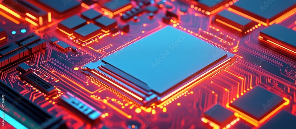 Poster illuminated circuit board, a high-tech abstract image of electronic components