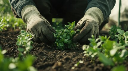 Naklejka premium Landscaper planting shrubs in garden. Featuring detail and gardening skills