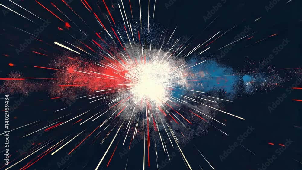 Poster fireworks exploding in a burst of red and blue dots on a dark backdrop. 4th july independence day mo