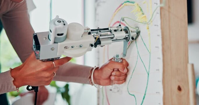 Workshop, hands and weave pattern with wool on paper, art class and tufting a shape with yarn. Design, student and learning a skill in fashion in studio or artist in creative project for handmade rug