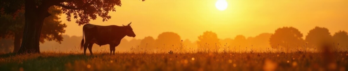 A cow silhouette standing in a field with sunlit trees, farm life, animal images