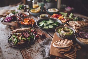Fototapeta premium Variety of healthy food on rustic wooden table, showcasing vegetarian sandwich, hummus, vegetables, and pita bread, suggesting a healthy and delicious meal
