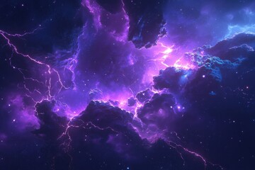 Glowing purple lightning, electric energy on dark blue futuristic sky
