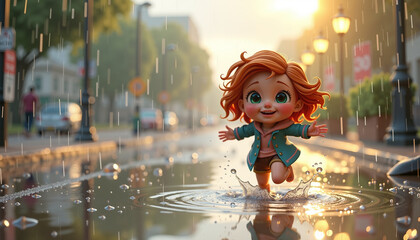 Joyful little girl with curly red hair running through puddles in the rain with a big smile at sunset