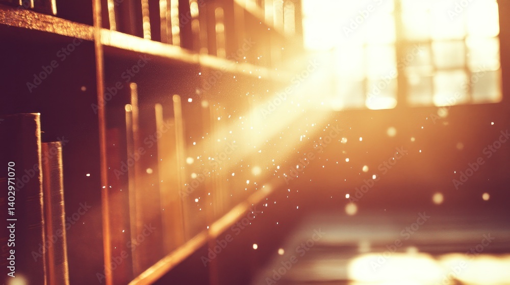 Poster light streams illuminating old books within a wooden library bookshelf