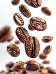 Fototapeta premium Falling Roasted Coffee Beans Isolated on White Background Close-up Shot
