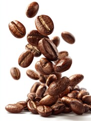 Obraz premium Falling Roasted Coffee Beans Pile Isolated on White for Beverage Advertising