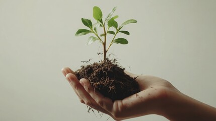 A tender hand protects a young plant with rich soil, its roots barely visible, signifying the delicate balance of nature and human care in this environmental concept photo.