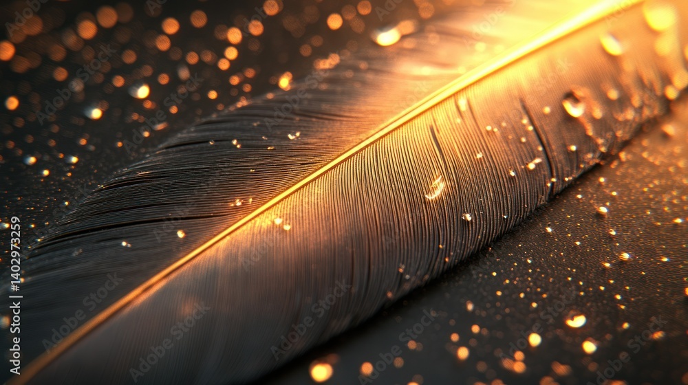 Poster close-up of a feather, illuminated by warm light. water droplets adorn the surface, creating a mysti