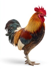 Fototapeta premium Standing Rooster Profile View on White Background Farm Animal Portrait