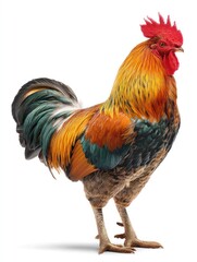 Fototapeta premium Standing Rooster with Colorful Plumage on White Background Studio Shot