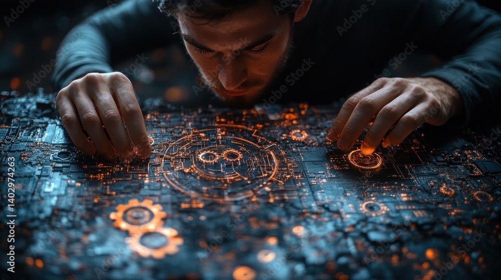 Poster mastering the machine, a programmer's focus on digital design and futuristic technology