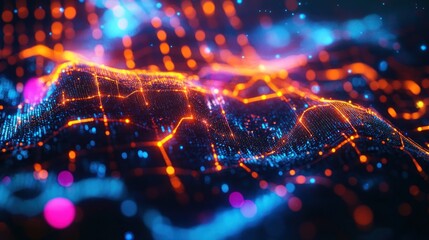 Abstract glowing digital landscape with orange and blue particles.