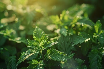 Fresh Green Leaves in Morning Sunlight – Herbal Plant with Dew Drops
