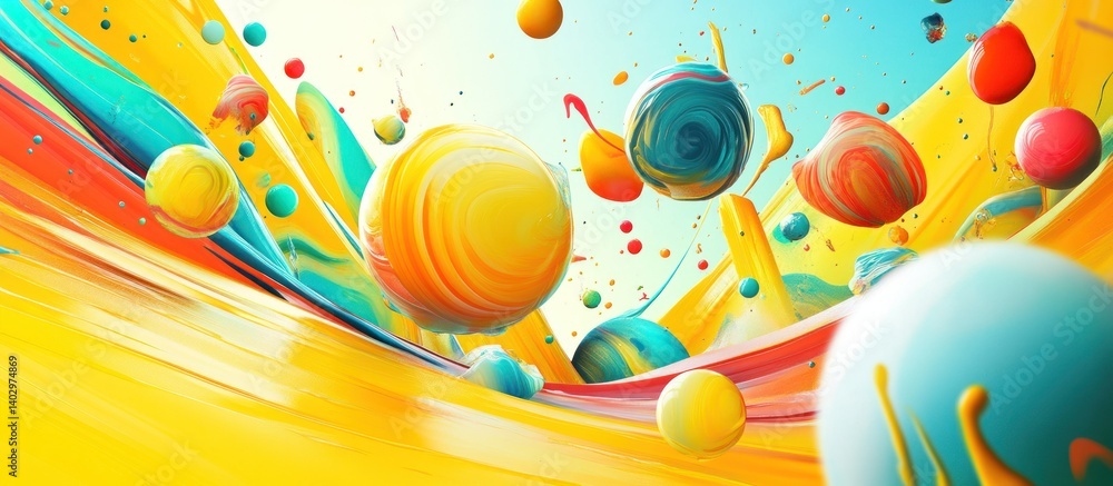 Poster dynamic abstract composition with vibrant spheres and flowing lines