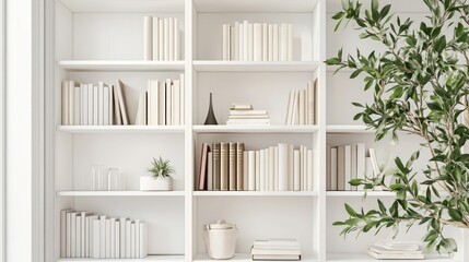 White bookcase filled with books, plants, and decor. (1)
