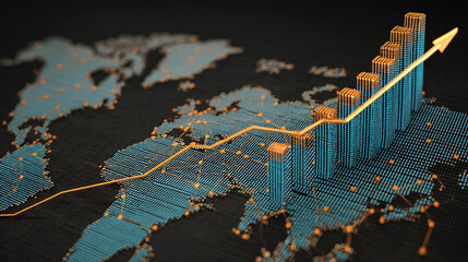 3D rendering of a world map with a rising gold bar graph, symbolizing global growth and economic progress