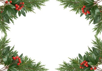 Holiday greenery frame with berries on white background