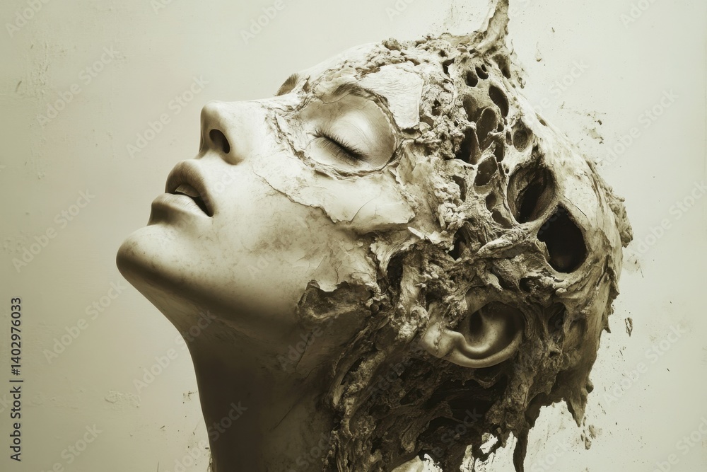 Poster artistic representation of a human head merging with organic elements in a surreal setting