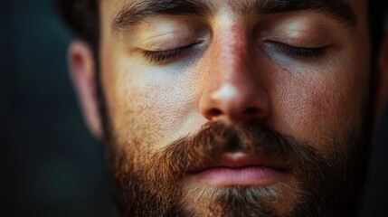 Obraz premium Close-up portrait of a man with his eyes closed, peaceful expression, short beard.