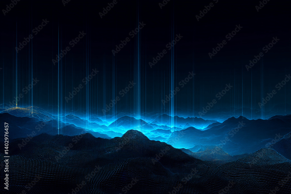 Poster abstract digital landscape, blue mountainscape with glowing lines, creating a futuristic, technologi