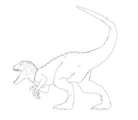 A dinosaur is drawn in black and white. The dinosaur is walking and has a mouth open. The drawing is simple and clean, with no details or shading
