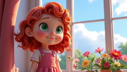 Happy little girl with curly red hair smiling by the window filled with bright flowers in a sunny room