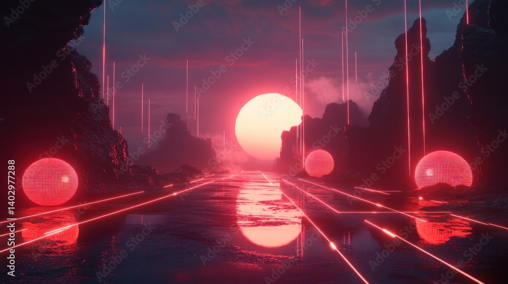 Poster red illuminated spheres and lines create a surreal dreamscape setting