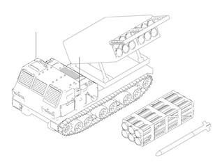 A black and white drawing of a tank with a rocket launcher on top. The tank is surrounded by a pile of wood