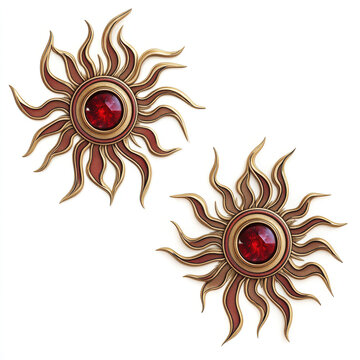 Gold sun ornaments with intricate detailing and ruby gemstones at the center creating a luxurious eye catching design
