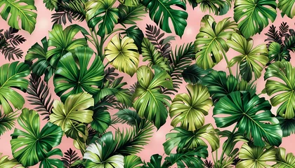 Fotobehang Lush Tropical Seamless Pattern Hand-Drawn Monstera & Palm Leaves © Afif