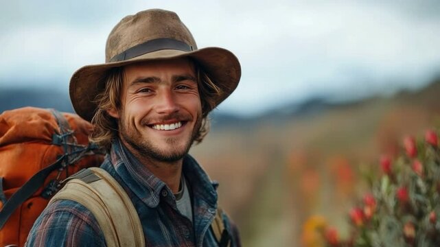 Smiling Backpacker: A young man with long hair and a beard, wearing a wide-brimmed hat and carrying a backpack, smiles warmly at the camera. The backdrop is a blurry landscape of plants and mountains.