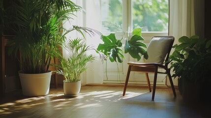 A sunlit room featuring indoor plants and a wooden chair