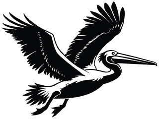 Black pelican silhouette vector, a flying bird illustration with wings in flight