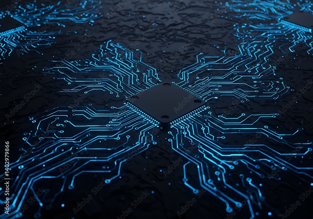 Poster circuit board with glowing blue traces connecting a microchip processor