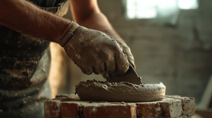 Mason spreading mortar on a brick wall with a trowel. Featuring stability and traditional craftsmanship