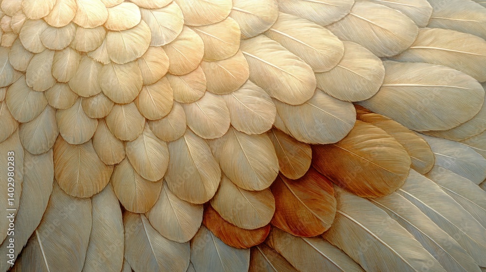 Poster close-up of many light beige and tan feathers, layered in a textured pattern