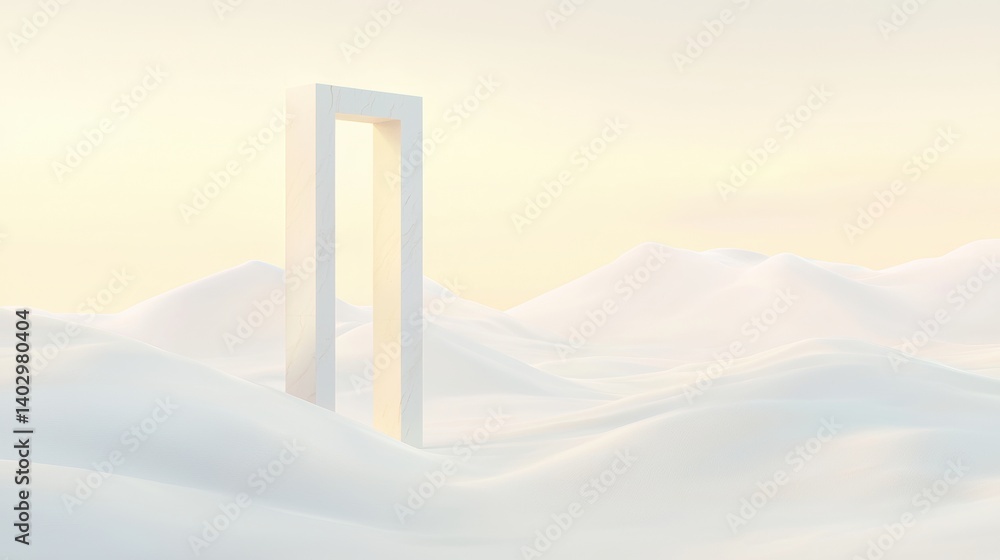 Poster a white rectangular structure with a curved top stands in a snowy landscape.